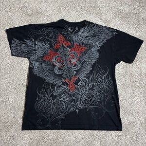 Affliction Black Tee with Red and Gray Winged Design